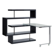ACME Writing Desk w/Swivel Function 360 Open Storage: 4 Shelves Clear Glass Desk Top High Gloss Finish 2 Wheels Included | Meri Furniture