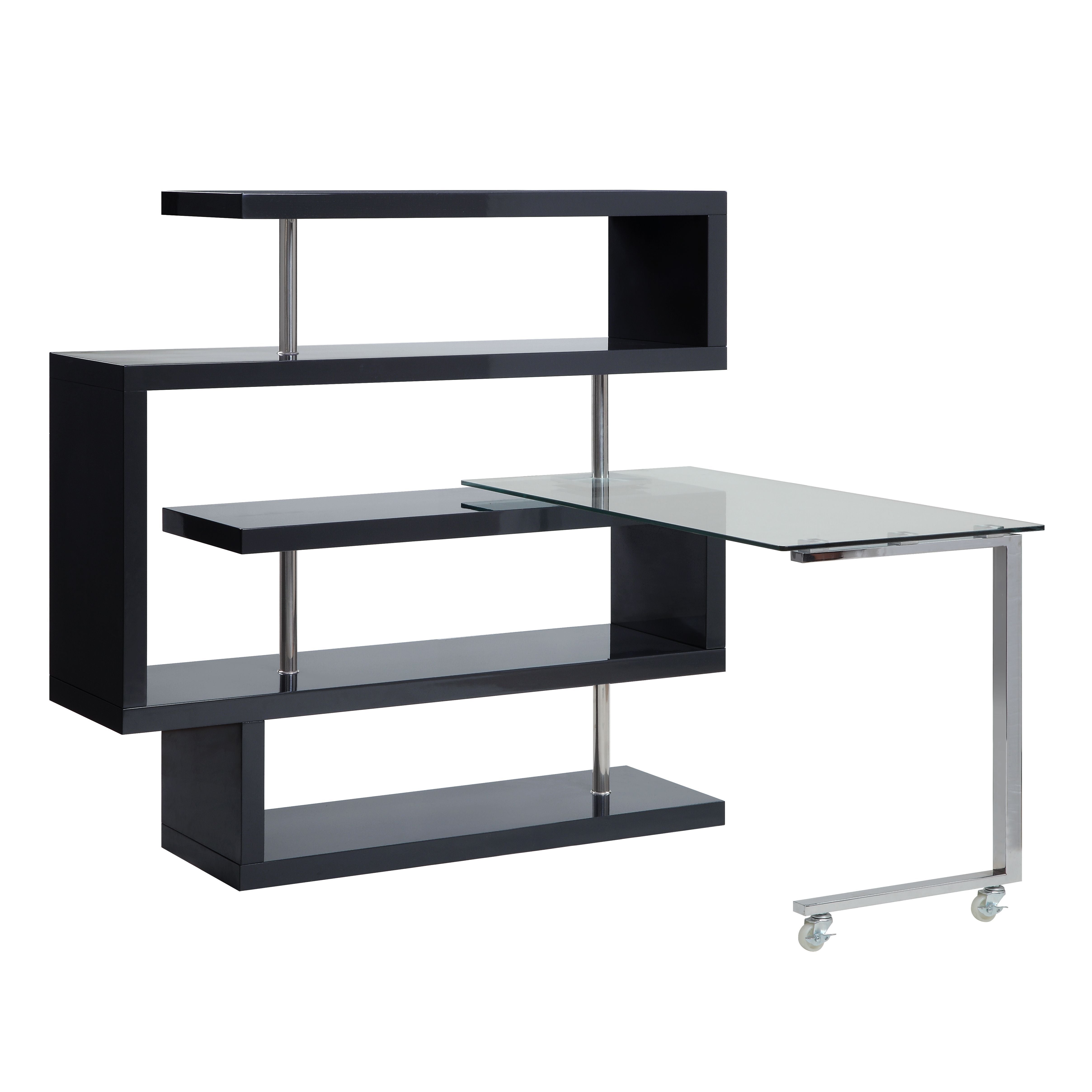 ACME Writing Desk w/Swivel Function 360 Open Storage: 4 Shelves Clear Glass Desk Top High Gloss Finish 2 Wheels Included | Meri Furniture