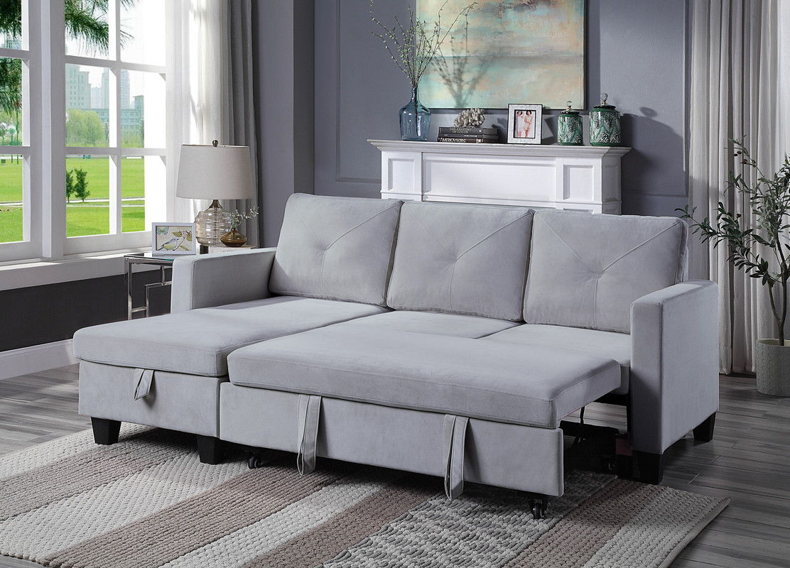 Nova 82.5"W Light Gray Velvet Reversible Sleeper Sectional Sofa with Storage Chaise
