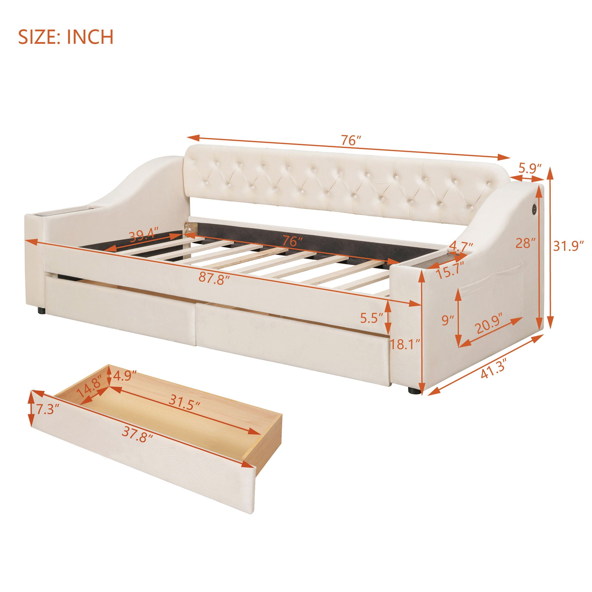 Upholstered Daybed With Storage Armrests And USB Port