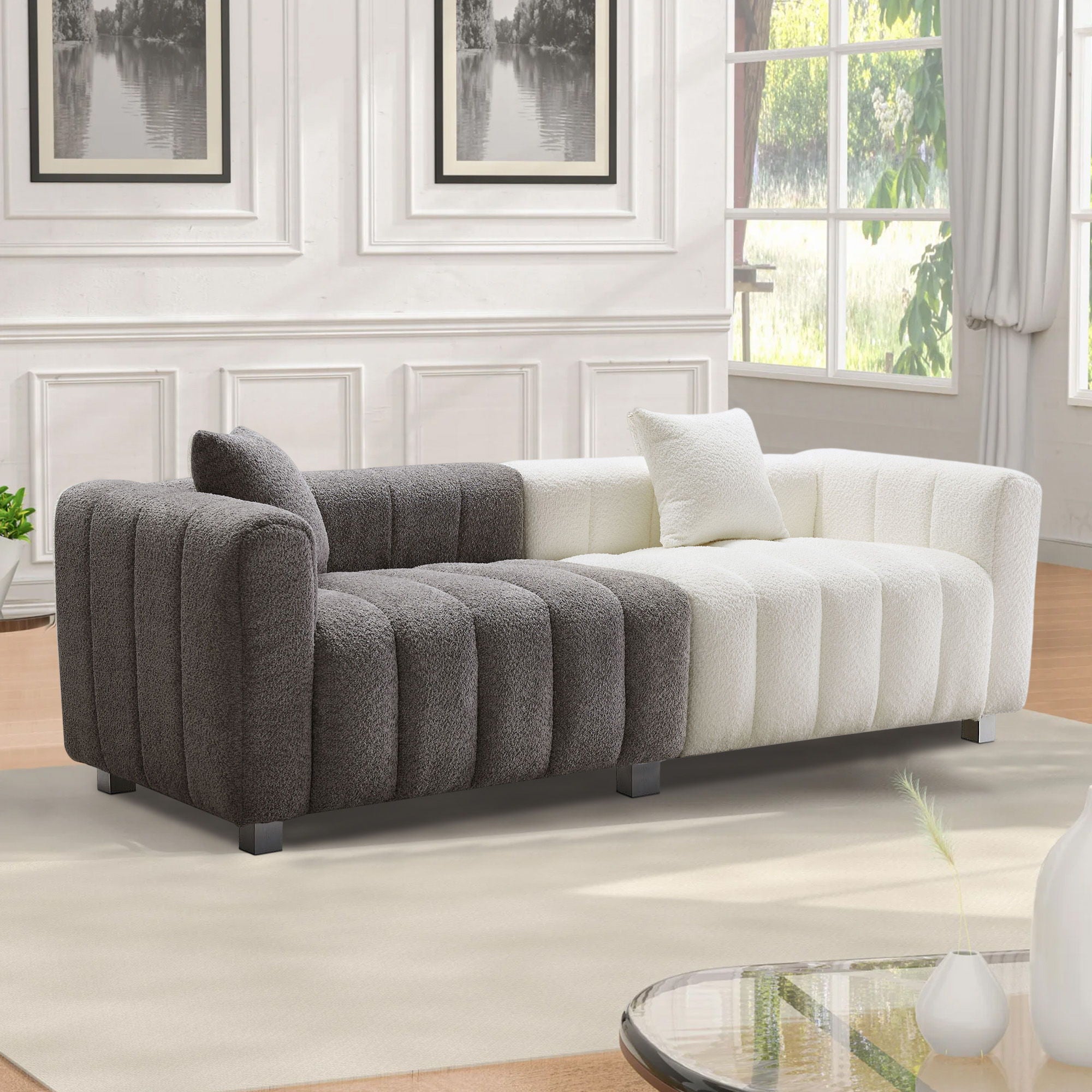 3 Seater Sofa With Metal Base Legs And 2 Pillows In +, 87.4" Premium Couch For Living Room - White / Gray