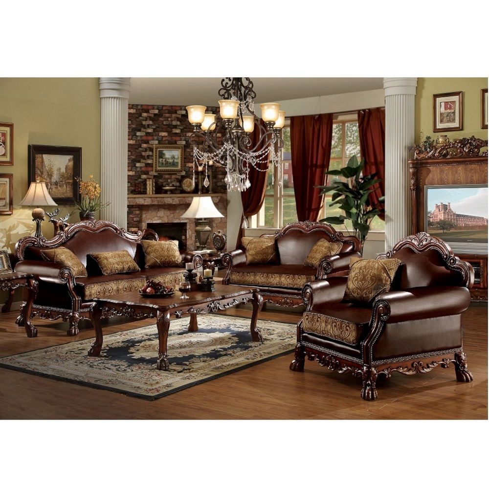 ACME Dresden - Loveseat - Brown PU & Chenille, Cherry Oak | Meri Furniture