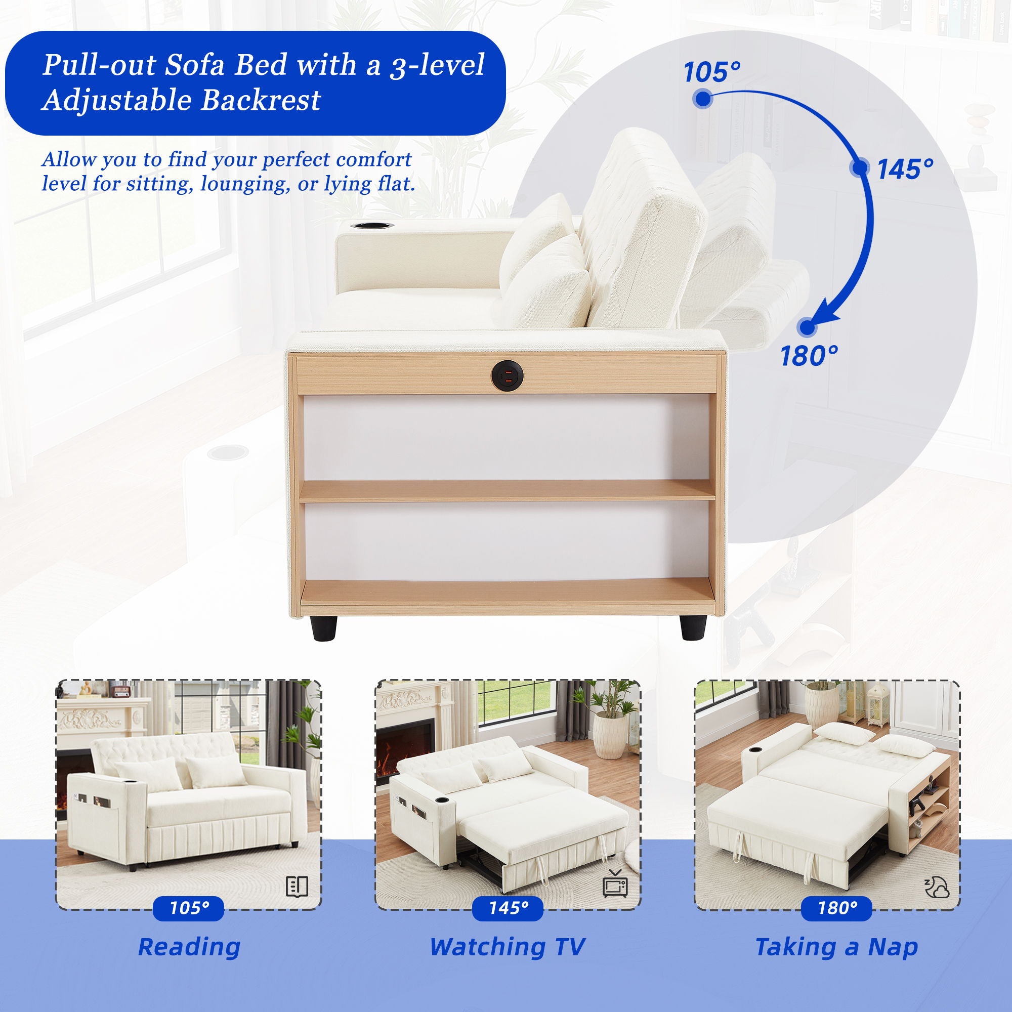 Pull-Out Sofa Bed Convertible Couch With Adjustable Backrest For Living Room