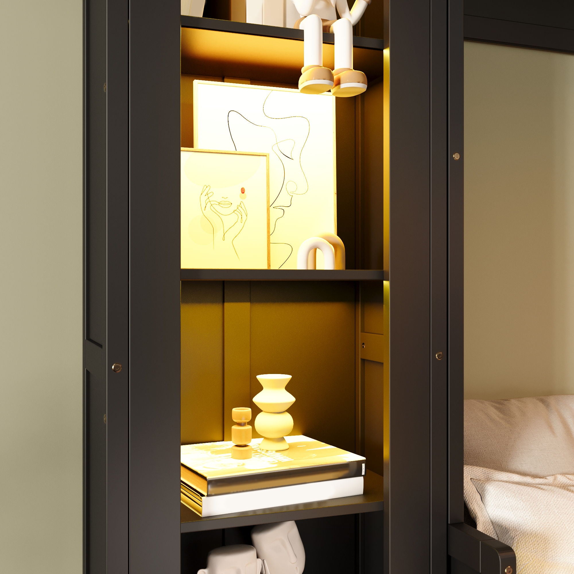 French Style Murphy Platform Bed With Shelf, Side Cabinets, Drawers And LED