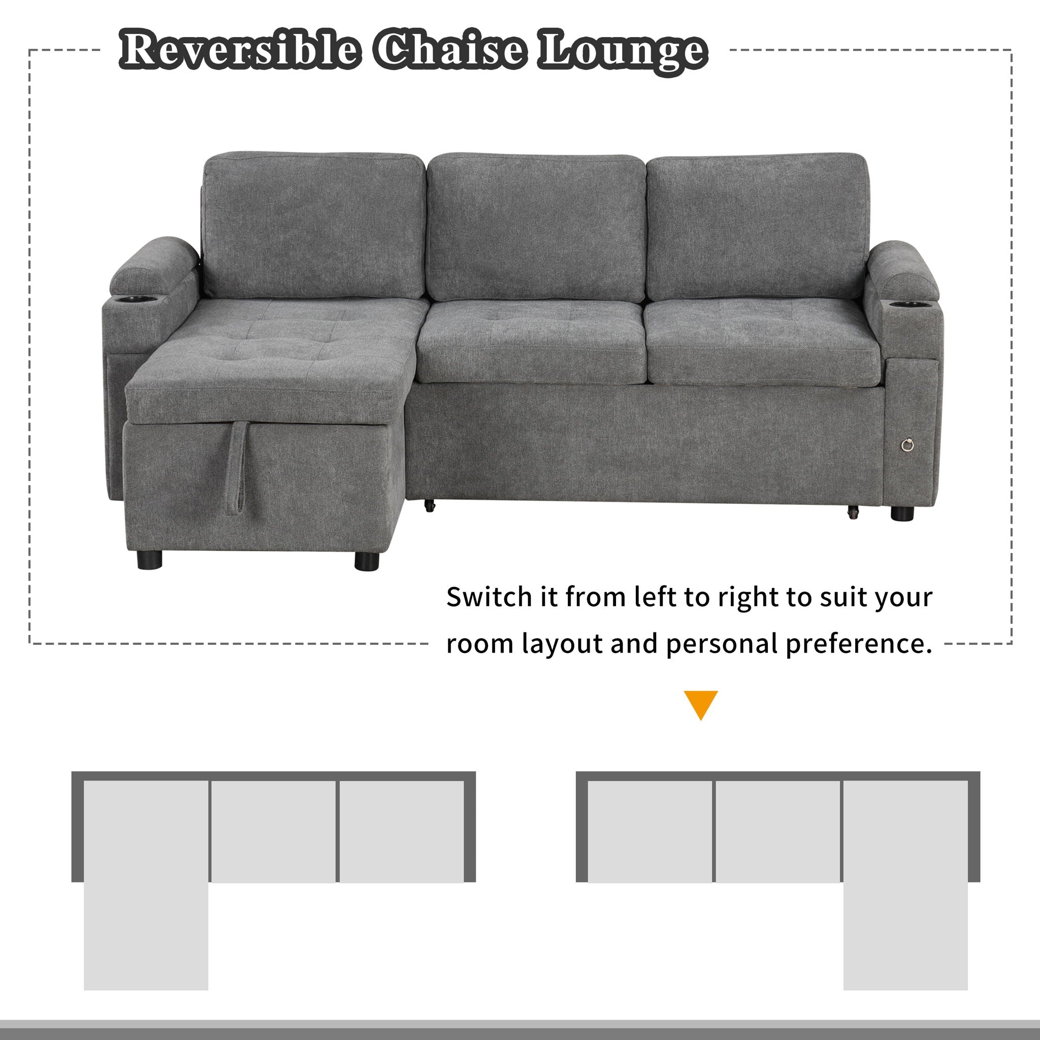 Convertible L Shaped Sofa Couch With Storage, Cup Holders, USB Ports