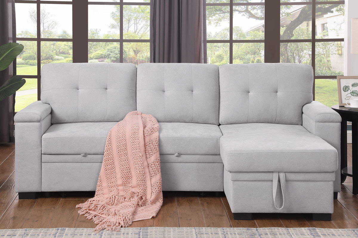 Lucca II 84.5"W Light Gray Woven Fabric Reversible Sleeper Sectional Sofa with Storage Chaise