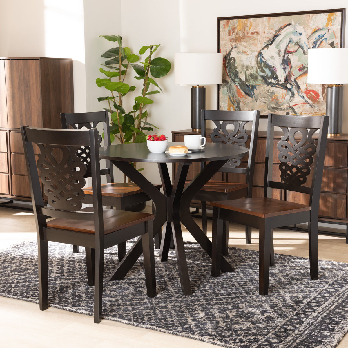 Liese Modern and Contemporary Transitional Two-Tone Dark Brown and Walnut Brown Finished Wood 5-Piece Dining Set