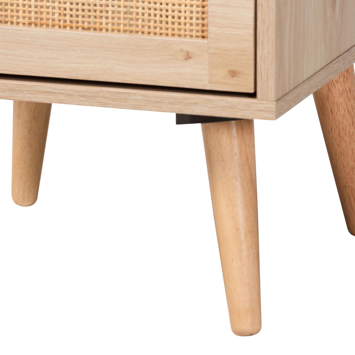 Baird Mid-Century Modern Light Oak Brown Finished Wood and Rattan 2-Drawer End Table