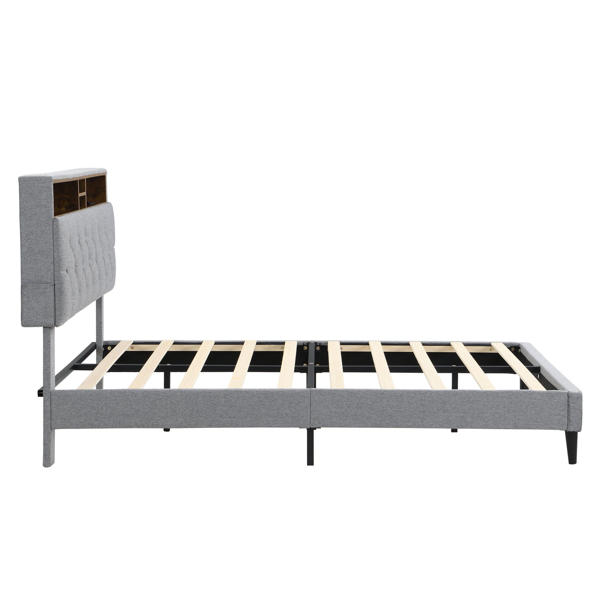 Modern Upholstered Platform Bed Frame With Button Tufted Headboard And USB Ports