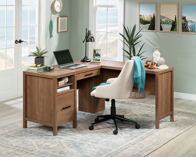 L-Shaped Desk with Storage in Saddle Walnut