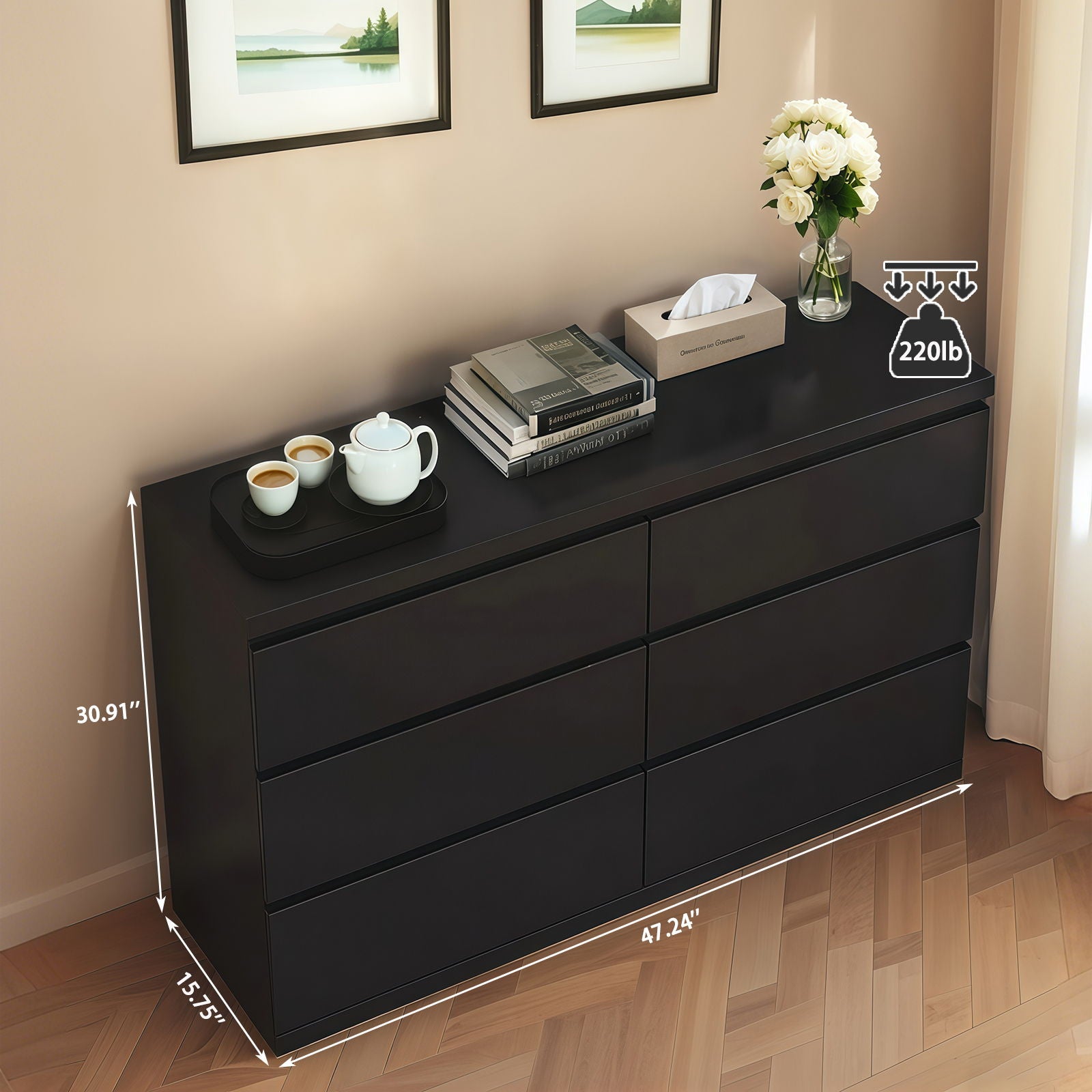 6 Drawer Dresser With Spacious Countertop And Concealed Handles