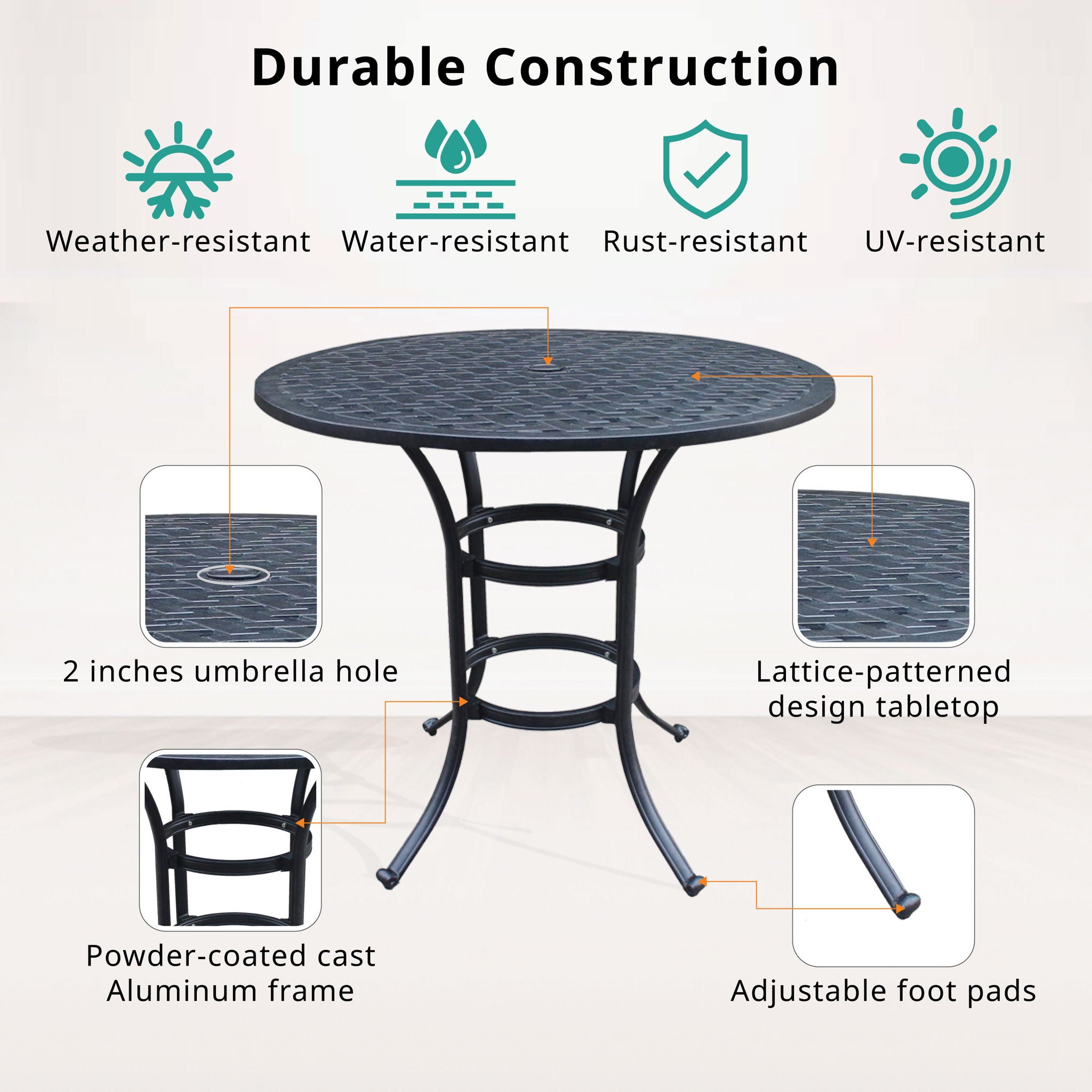 Cast Aluminum Round Counter Table With Lattice Design And Umbrella Hole - Dark Lava Bronze