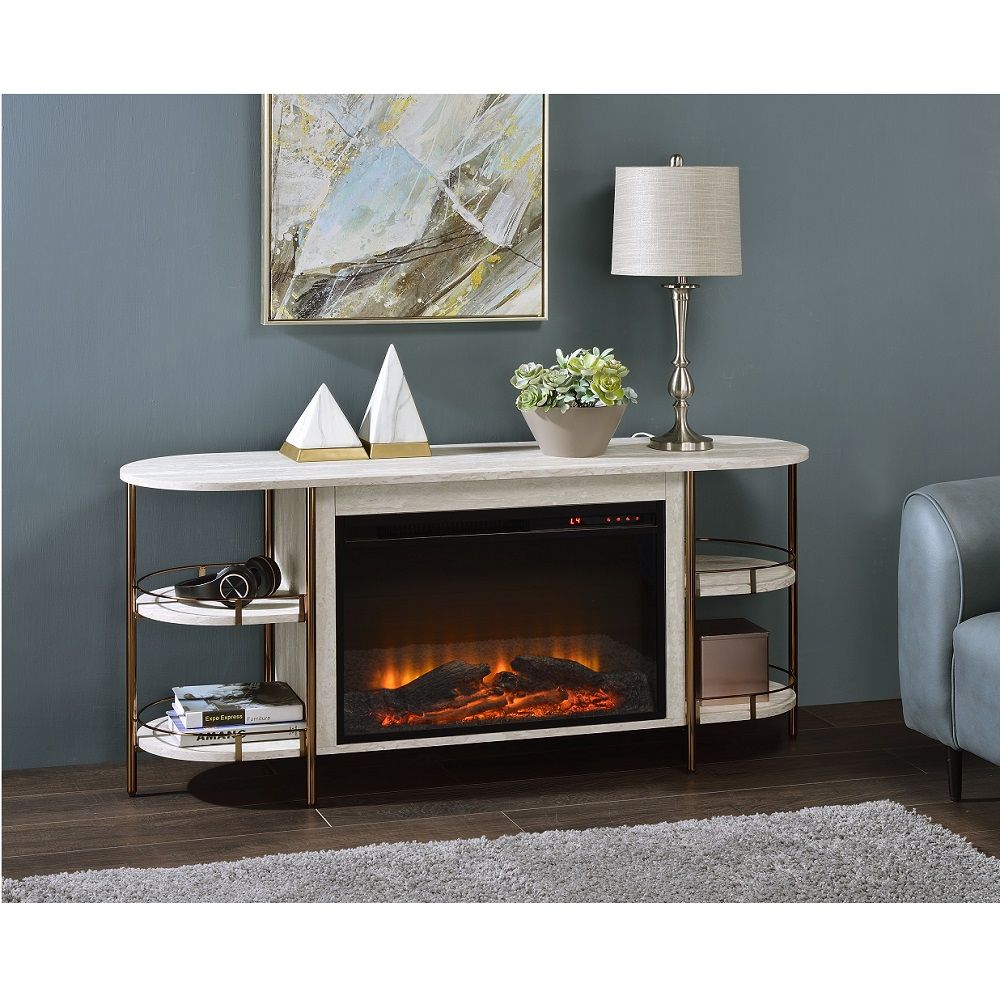 ACME Valene - Console Table With Fireplace - White | Meri Furniture