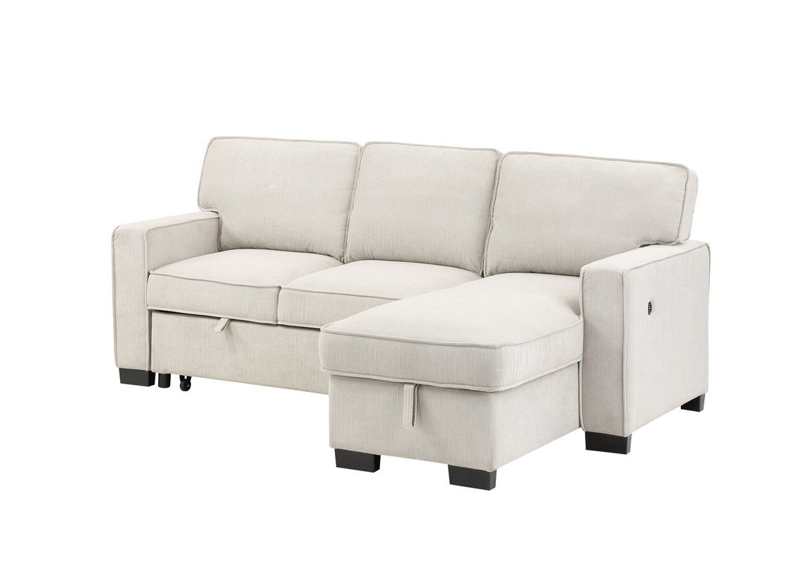 Estelle 86.5"W Beige Fabric Reversible Sleeper Sectional with Storage Chaise Drop-Down Table 2 Cup Holders and 2USB Ports