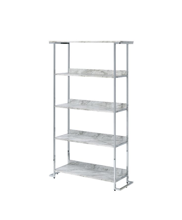 ACME Visage - Bookshelf - White Printed Faux Marble & Chrome | Meri Furniture