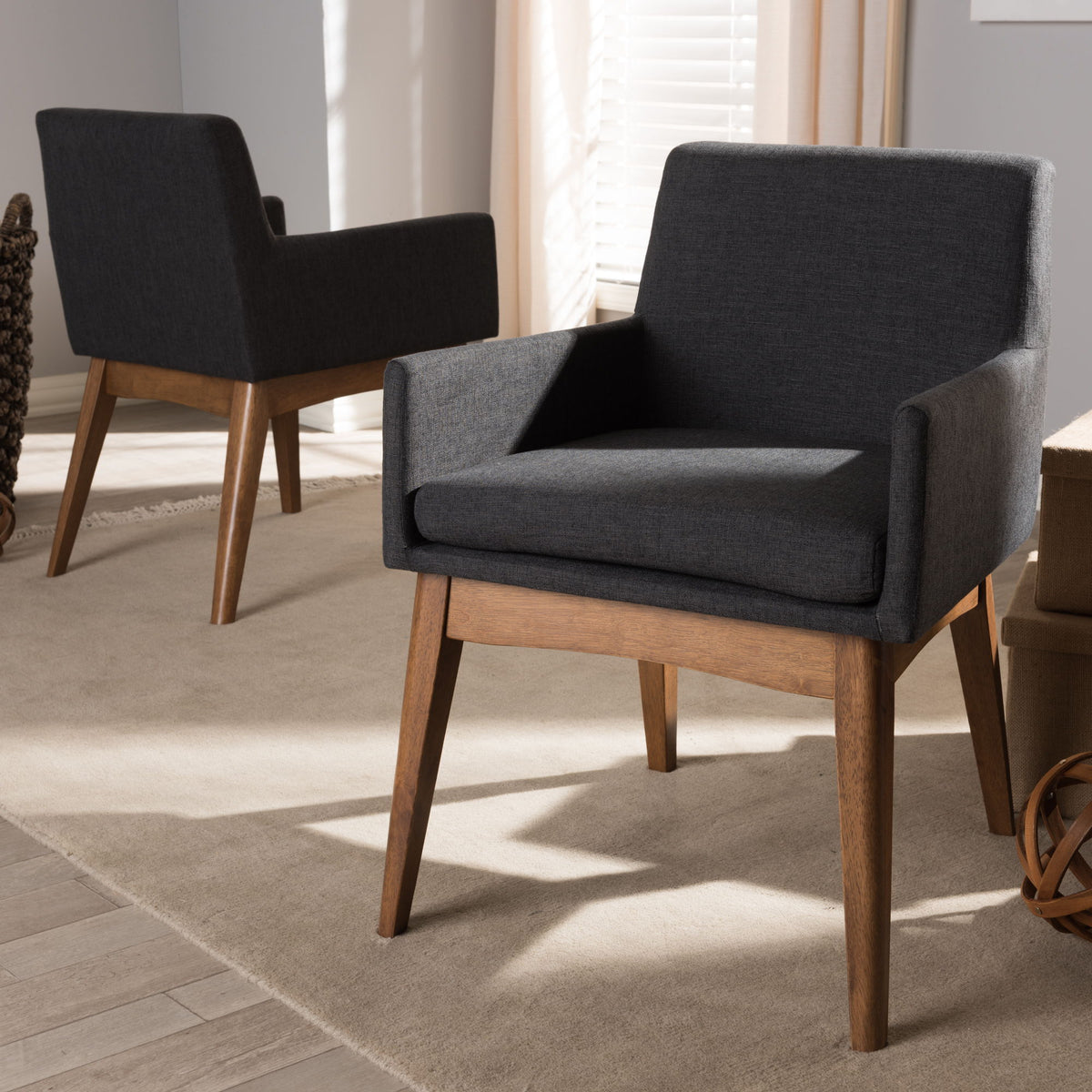 Nexus Mid-Century Modern Walnut Wood Finishing Dark Grey Fabric Dining Armchair (Set of 2)