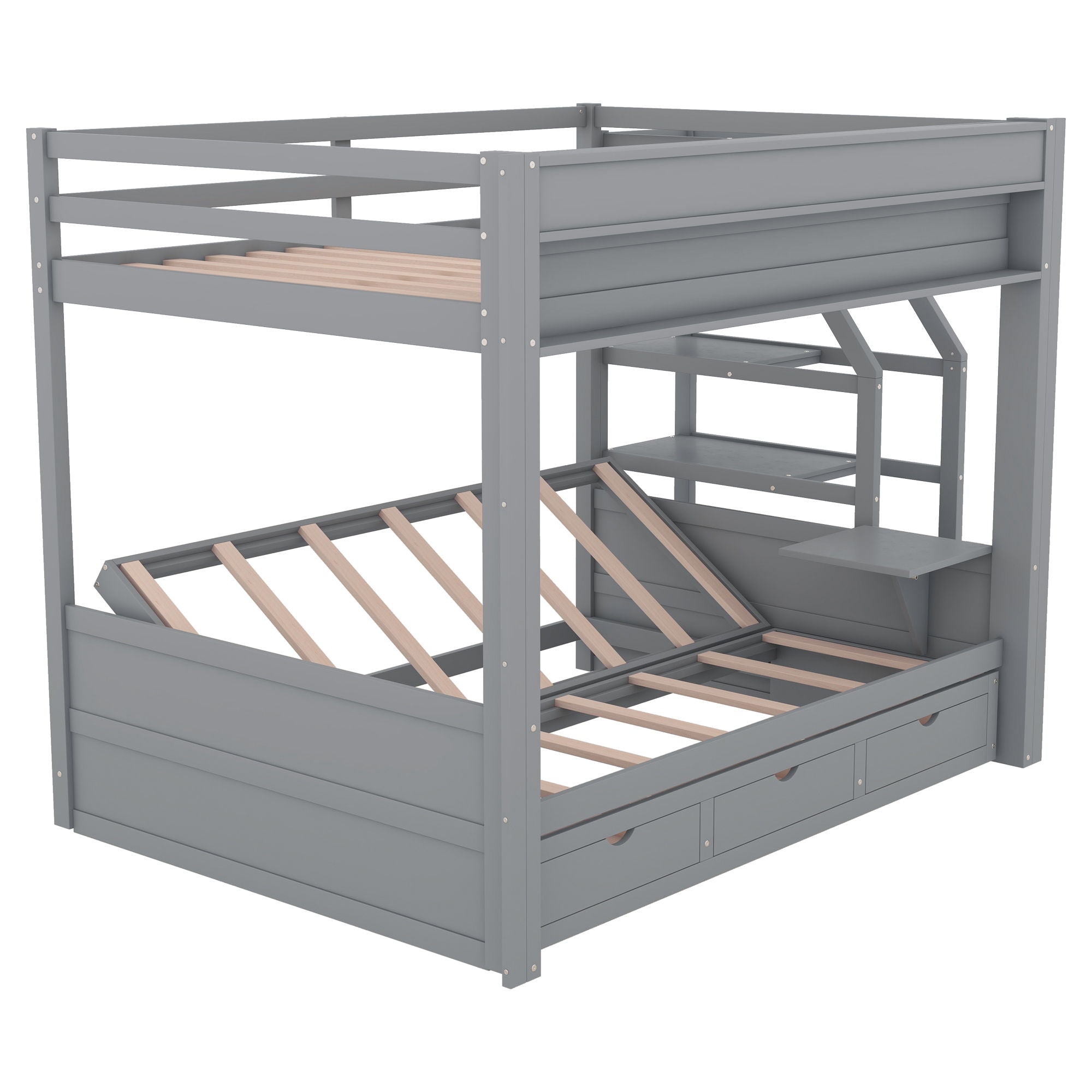 Wood Full Size Convertible Bunk Bed With Storage Staircase, Bedside Table, And 3 Drawers - Gray