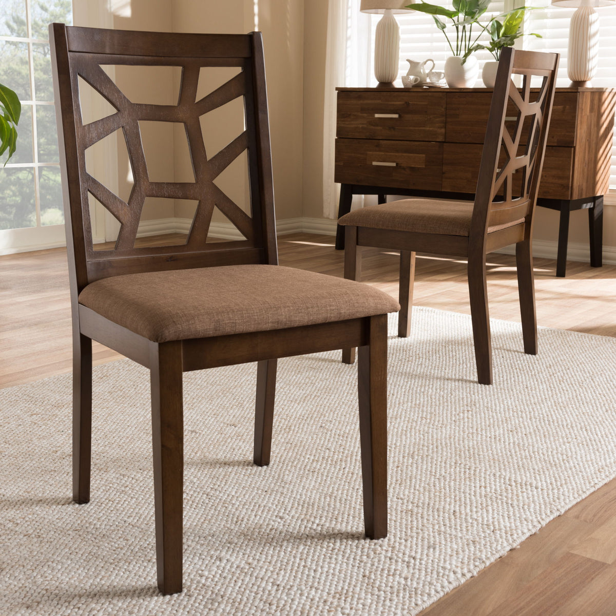 Abilene Mid-Century Light Brown Fabric Upholstered and Walnut Brown Finished Dining Chair (Set of 2)
