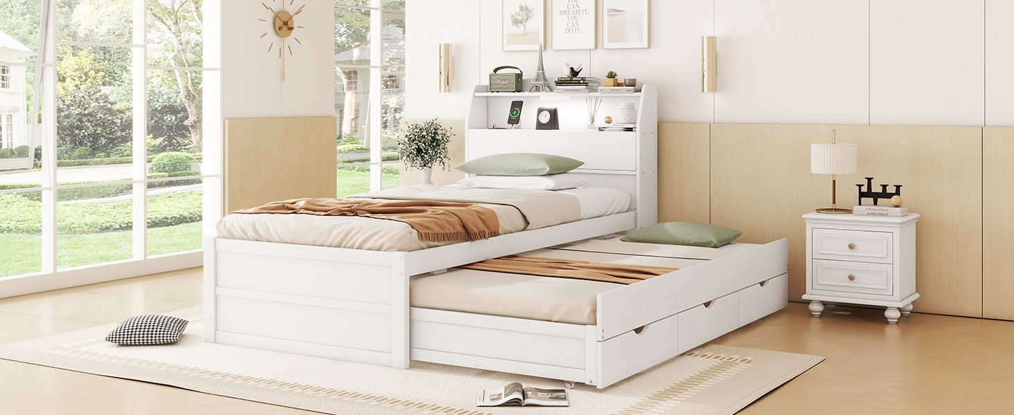 LED Platform Bed With Trundle With Storage Headboard With Drawers