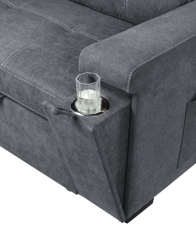 Toby 95"W Gray Woven Fabric Reversible Sleeper Sectional Sofa with Storage Chaise Cup Holder Charging Ports and Pockets