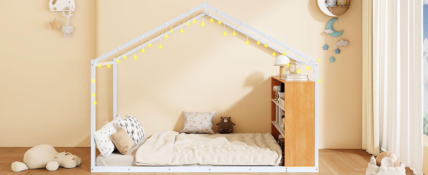 Bed House Frame With Shelves And Lights