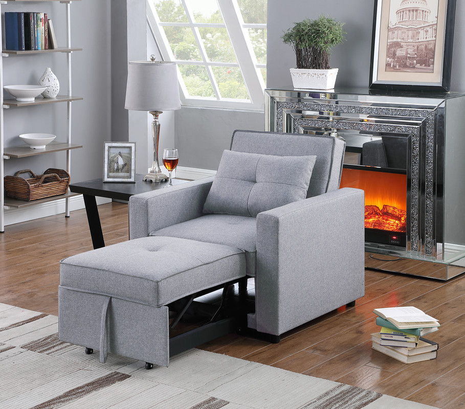 Zoey 33.25"W Light Gray Linen Convertible Sleeper Chair with Side Pocket