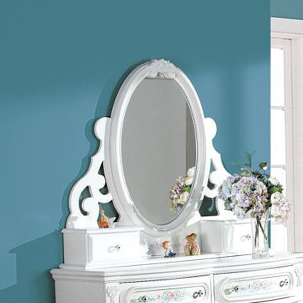 Jewelry Mirror without beveled with 2 Drawer: Wooden Center Drawer Glide, Dovetail Included, Felt-Lined Top Drawer, Hardware: Crystal like Knob