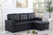 Lucca 84"W Black Vegan Leather Modern Reversible Sleeper Sectional Sofa with Storage Chaise