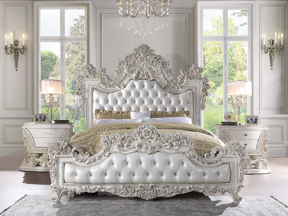 Adara - Eastern King Bed - Pearl White Synthetic Leather & Antique White