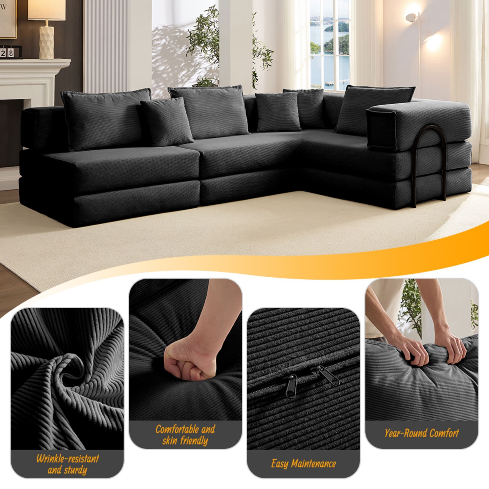 Modular L Shaped Floor Living Room Sofa Set With 6 Pillows