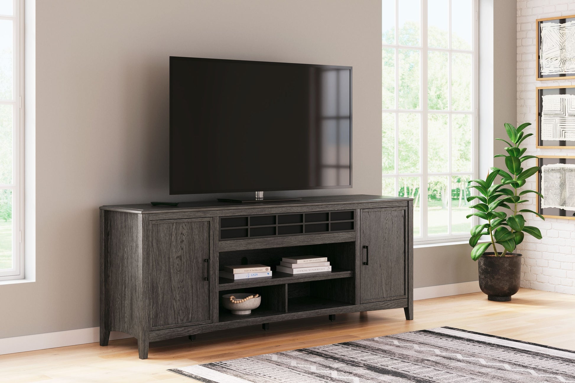 Signature Design by Ashley® Montillan - Grayish Brown - XL TV Stand With Fireplace Option | Meri Furniture