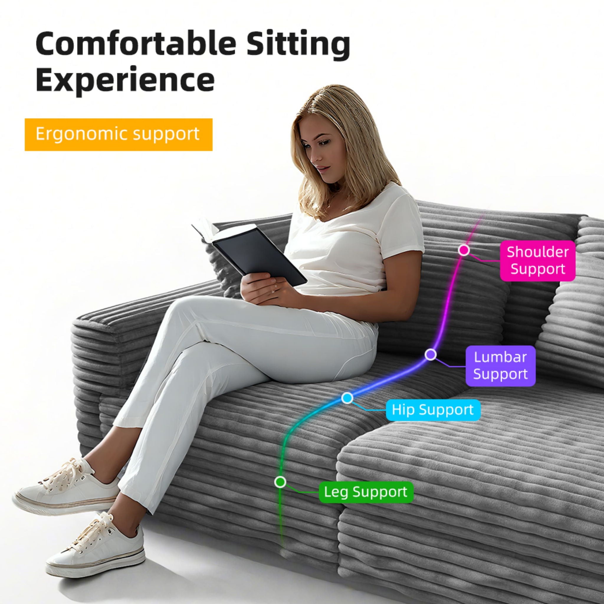 Plush Corduroy 4 Seat Sofa, Modern Comfy Upholstered Sofa Cloud Couch, Deep Seat Couches With Soft Pillows