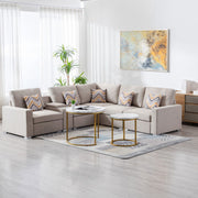 Nolan 106"W Beige Linen Fabric 6Pc Reversible Sectional Sofa with a USB, Charging Ports, Cupholders, Storage Console Table and Pillows and Interchangeable Legs