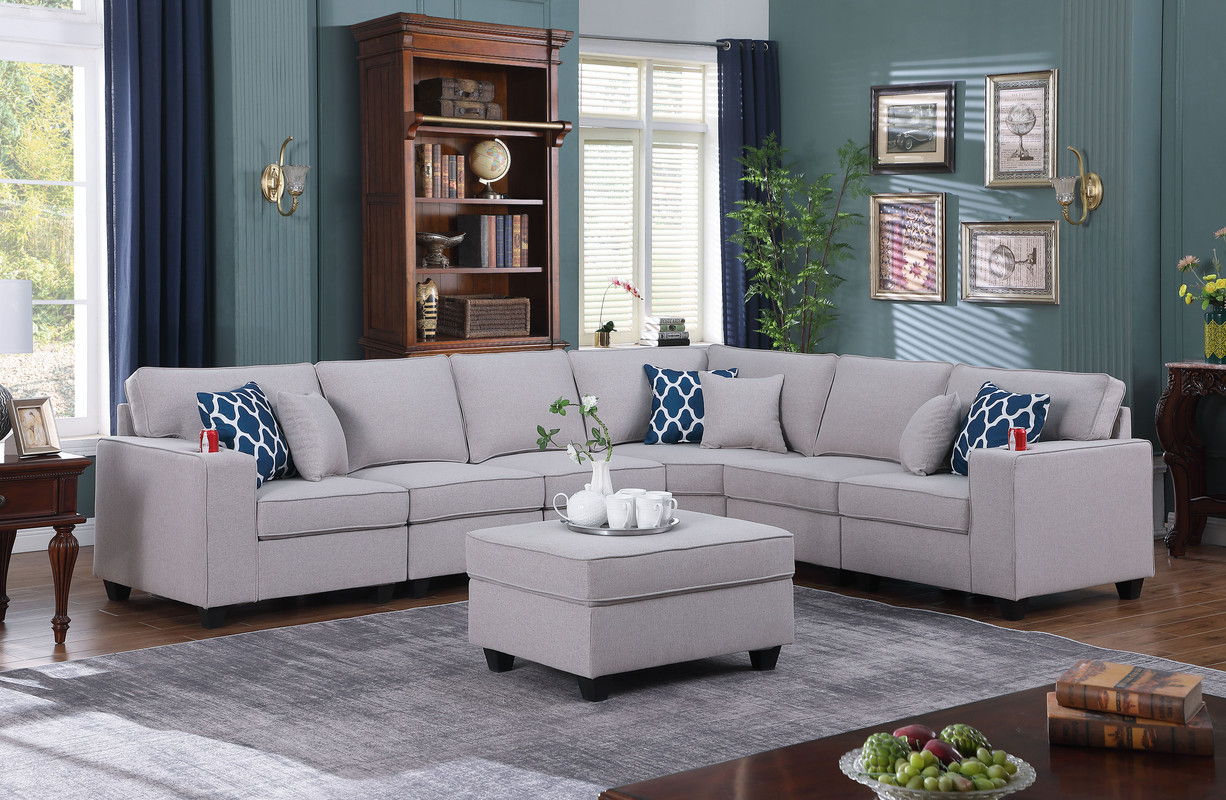 Cooper 125"W Light Gray Linen 7Pc Reversible L-Shape Sectional Sofa with Ottoman and Cupholder