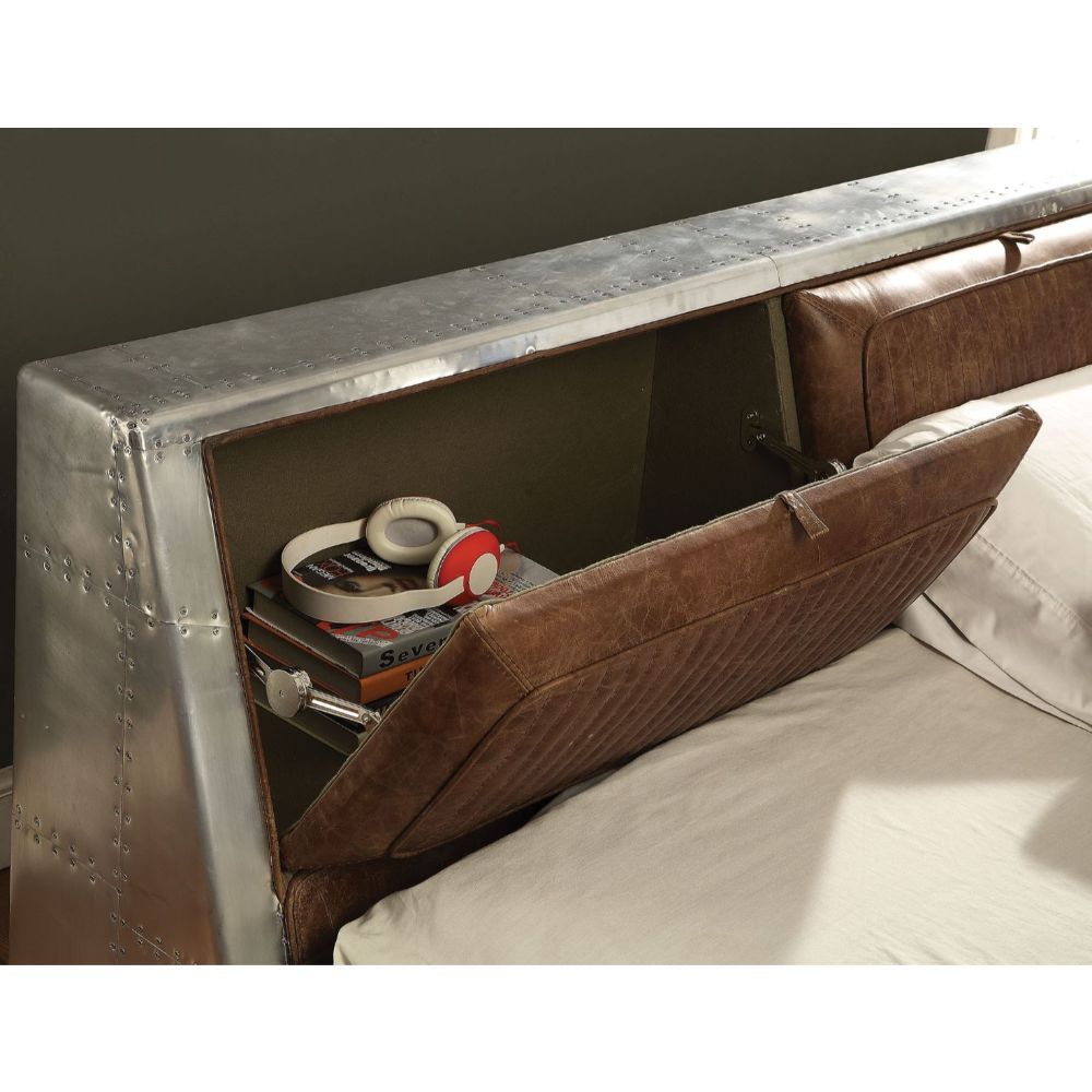 ACME Brancaster - Queen Bed - Retro Brown Top Grain Leather & Aluminum | Meri Furniture