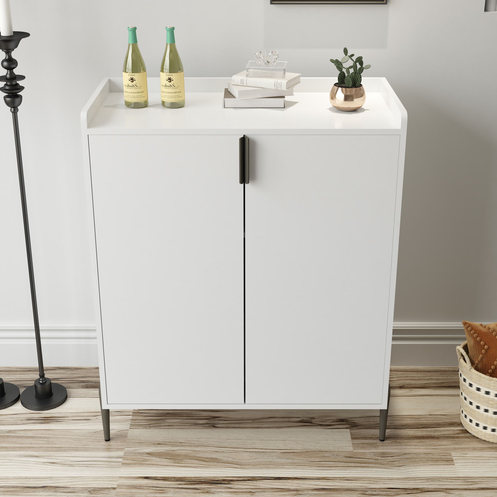 2 Door Wine Bar Cabinet With Adjustable Shelf, Soft-Closing Hinges, And High Feet - White