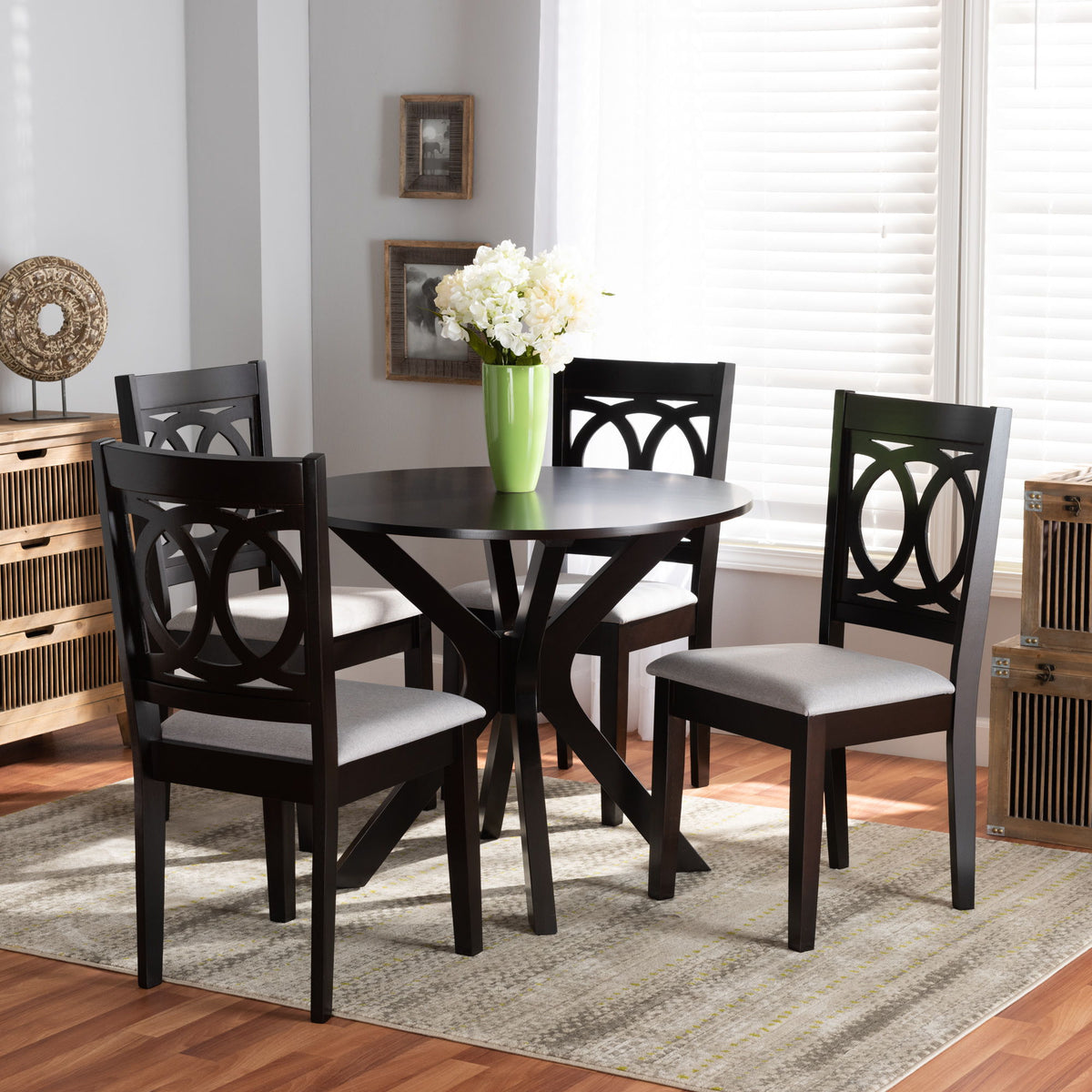 Sanne Modern and Contemporary Grey Fabric Upholstered and Dark Brown Finished Wood 5-Piece Dining Set