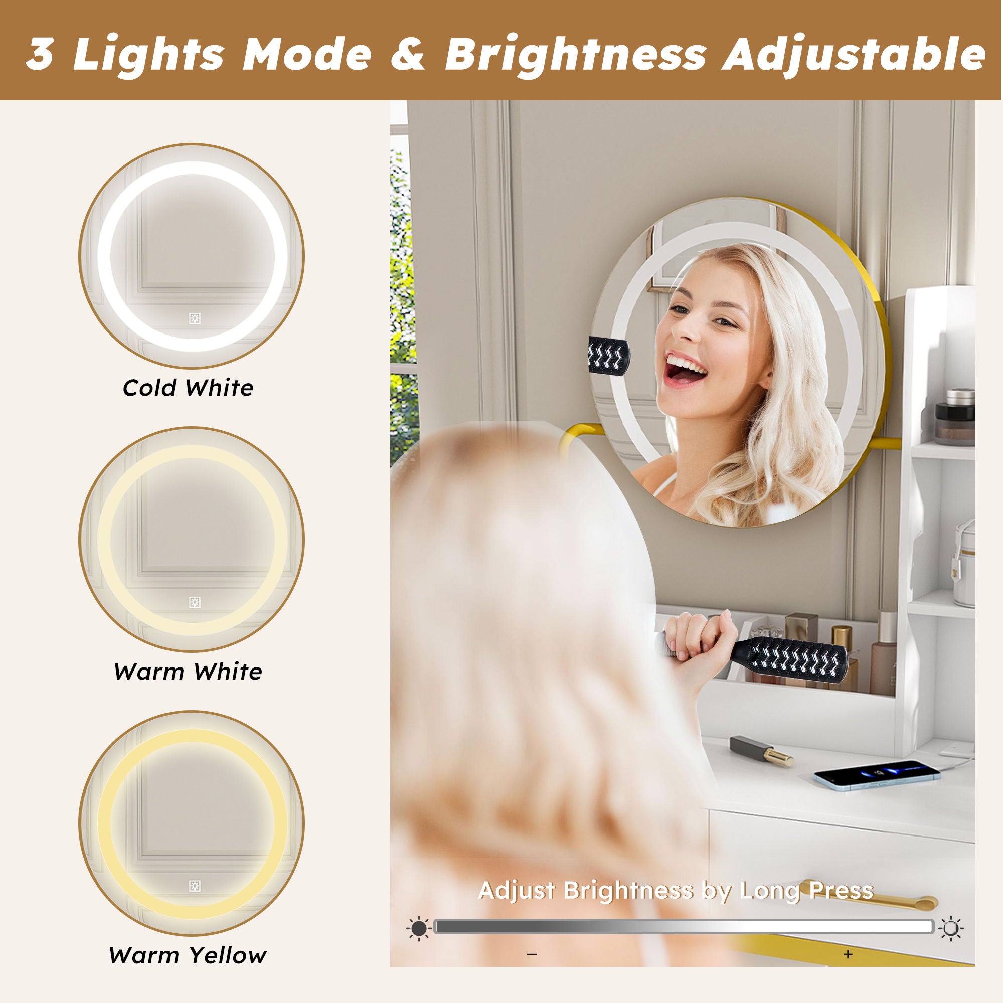 Makeup Vanity Table With LED Lights, 3 Color Options, Power Outlet