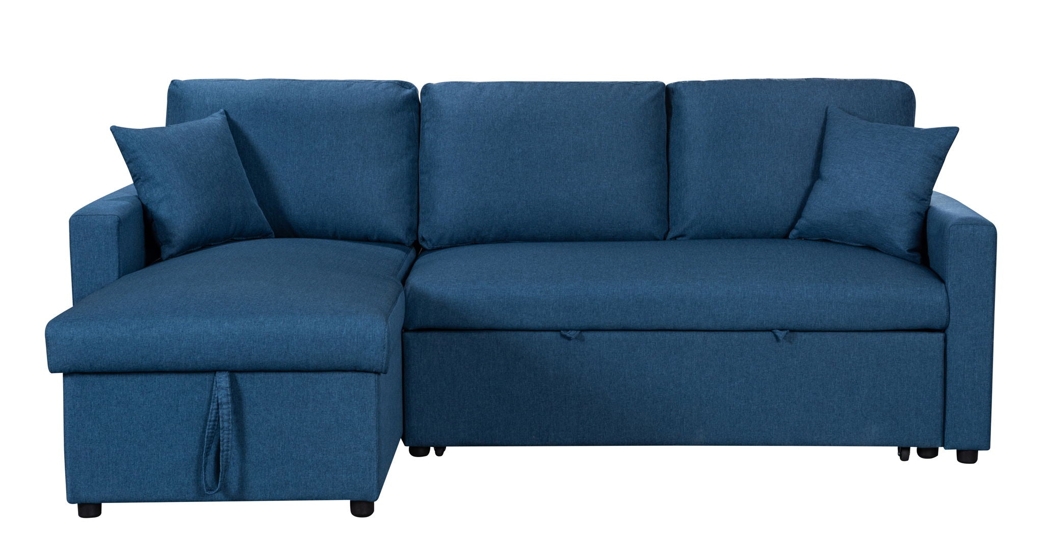 Paisley 82"W Blue Linen Fabric Reversible Sleeper Sectional Sofa with Storage Chaise