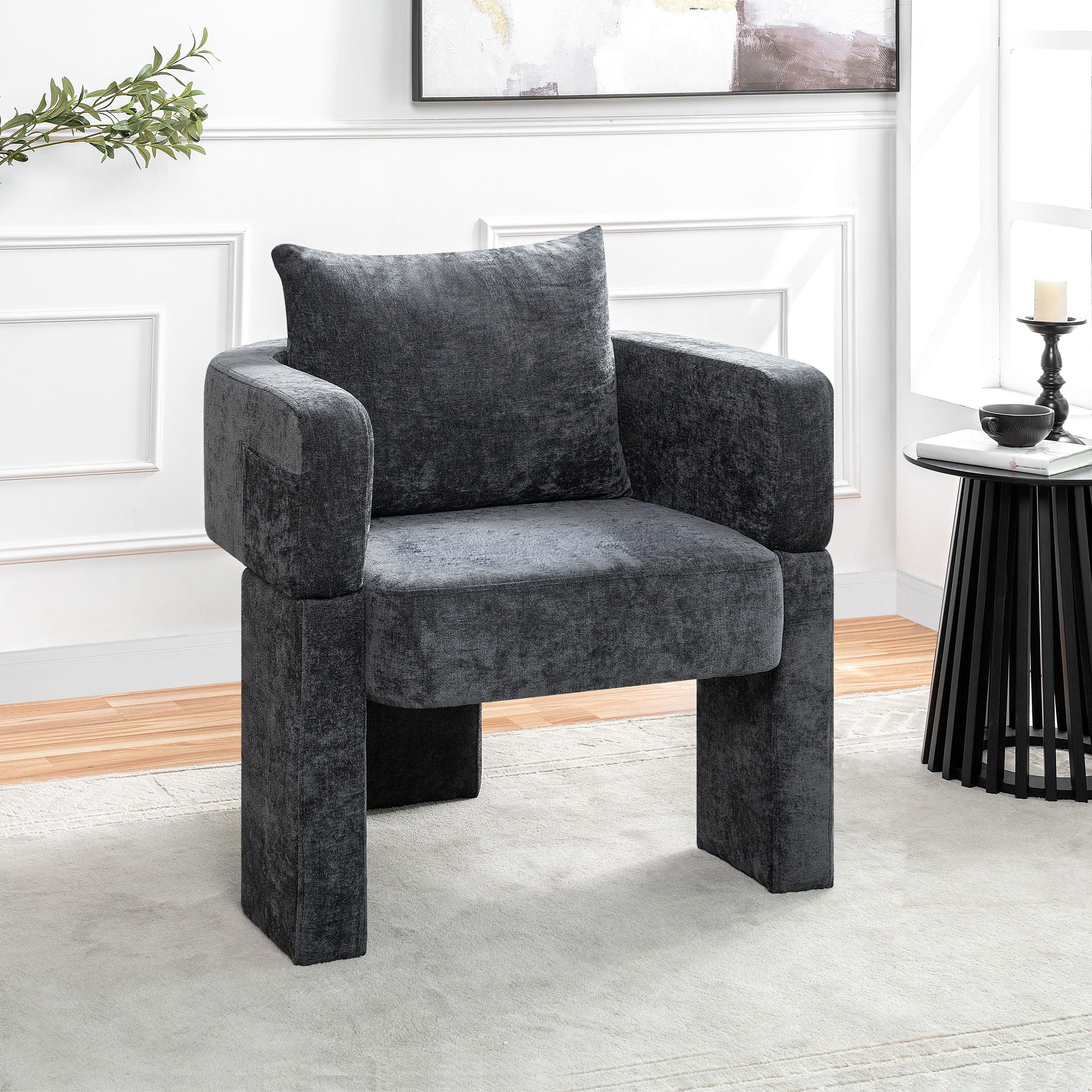 Modern 3 Leg Chenille Accent Chair With Ergonomic Arms & Removable Pillow