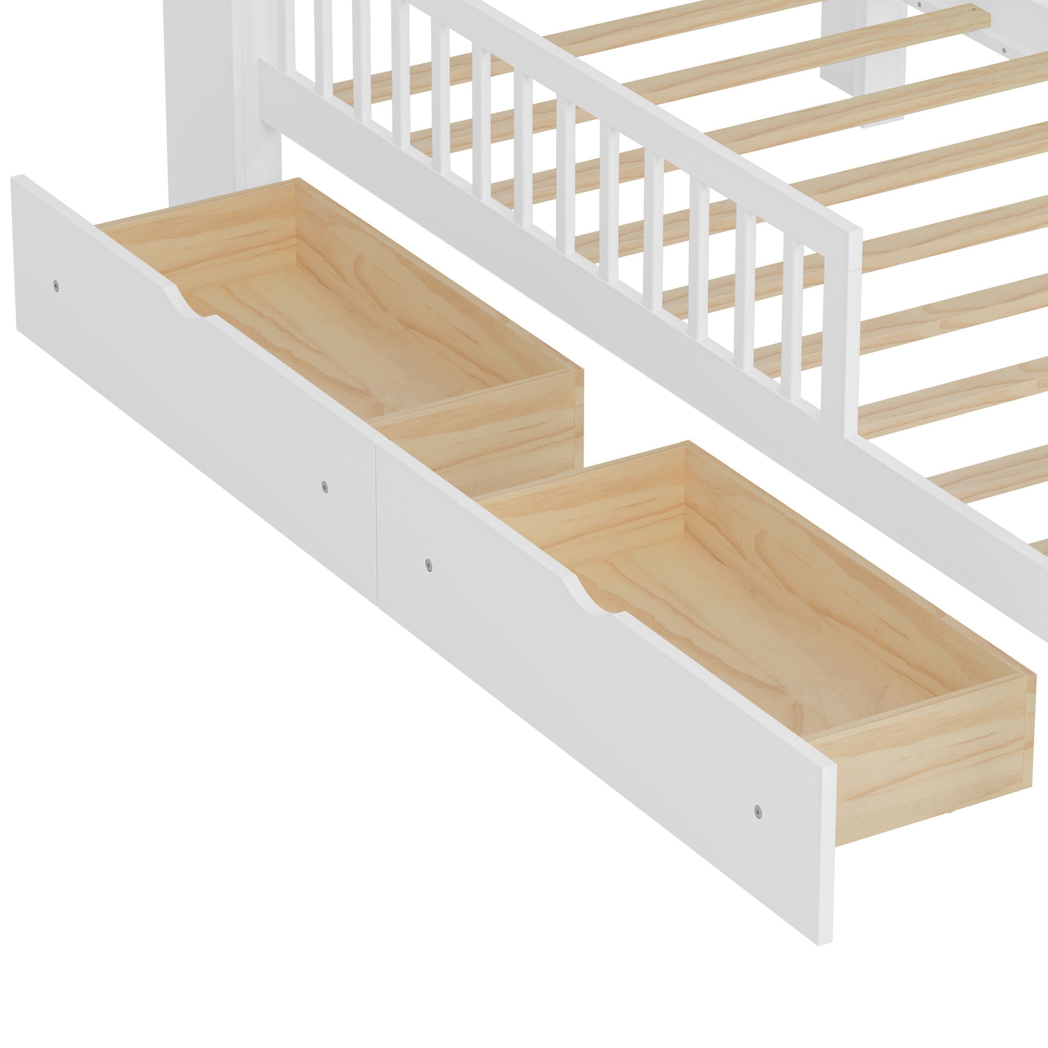 Bed With Headboard Storage Rack, 2 Under Bed Drawers, 3 Side Guardrails For Safety