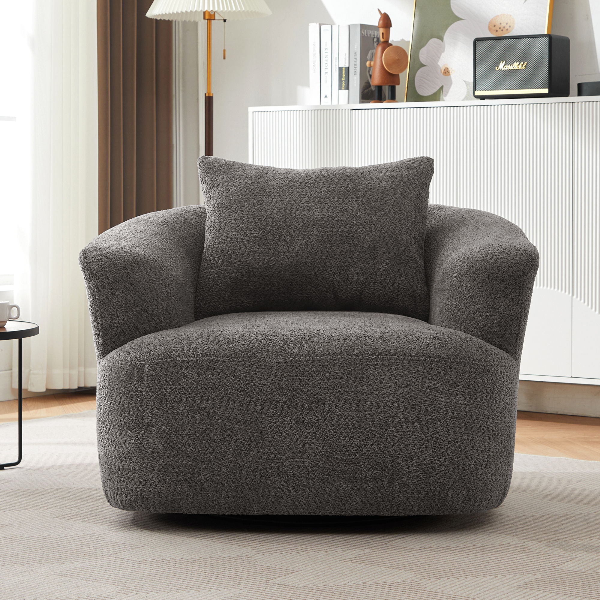 360° Swivel Barrel Sofa Chair With Throw Pillow, Chenille Upholstered Accent Chair