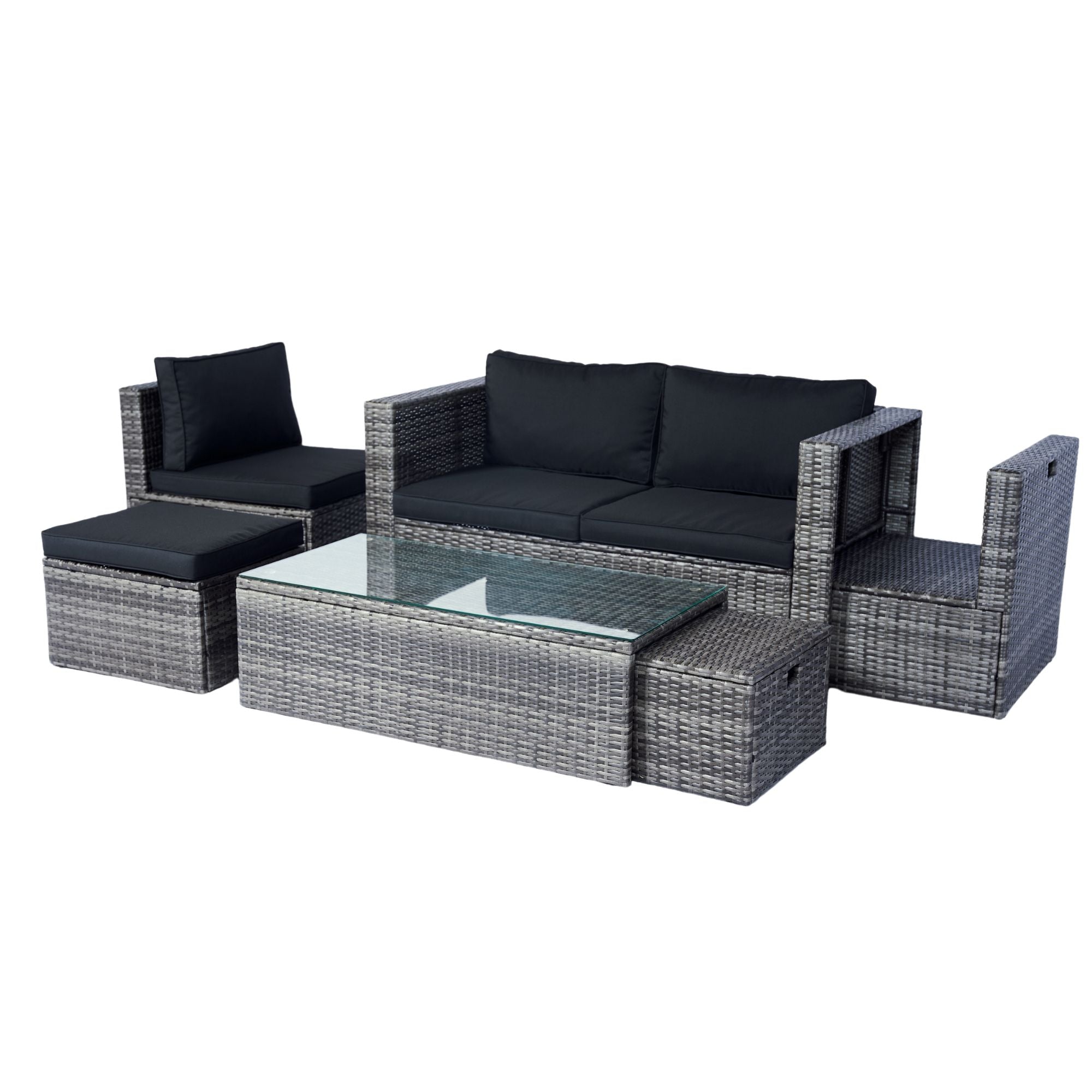 6 Piece Patio Wicker Sectional Set Patio Backyard Conversation Set Space Saving - Gray / Black