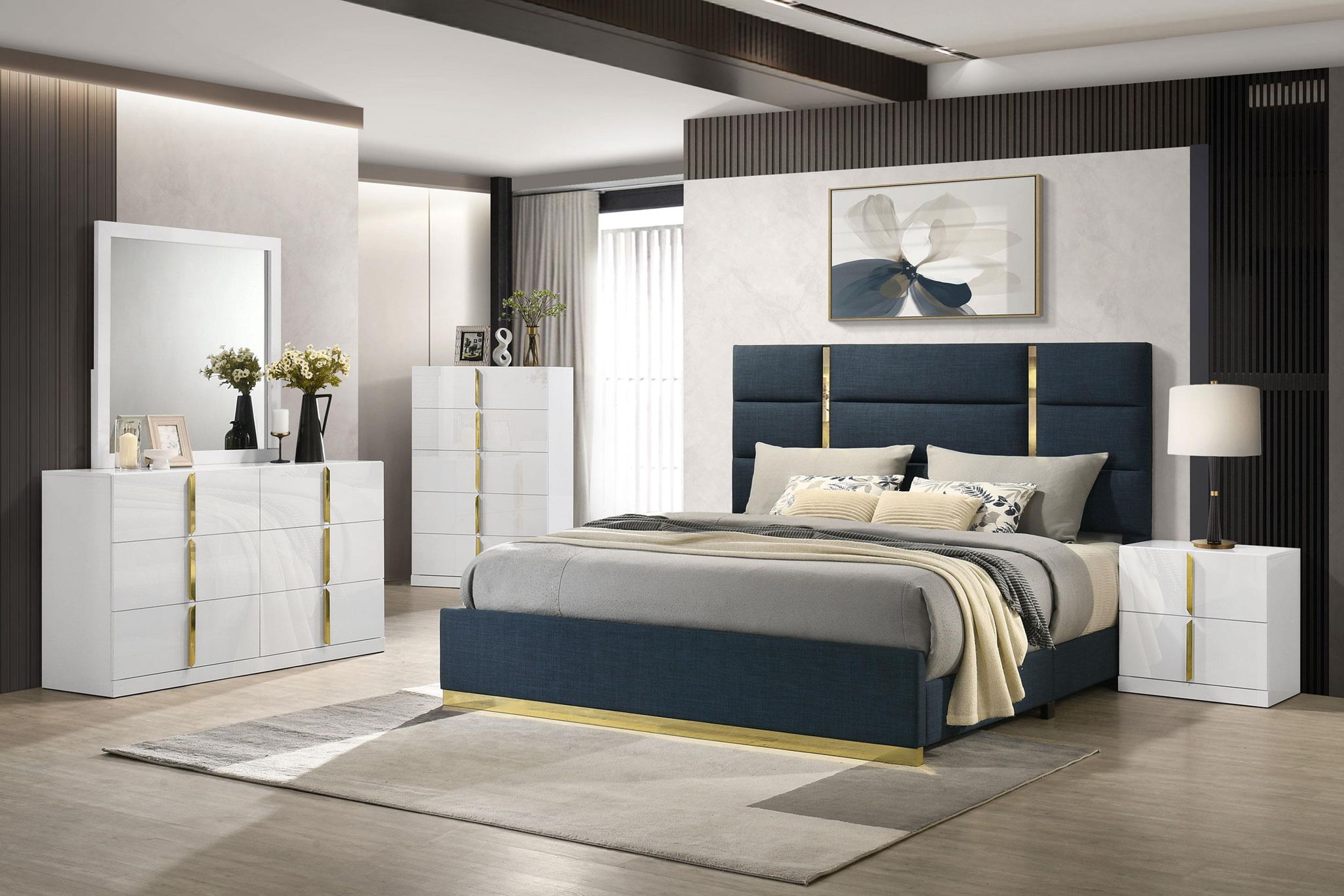Ines 56-inch Fabric Upholstered Eastern King Panel Bed Navy