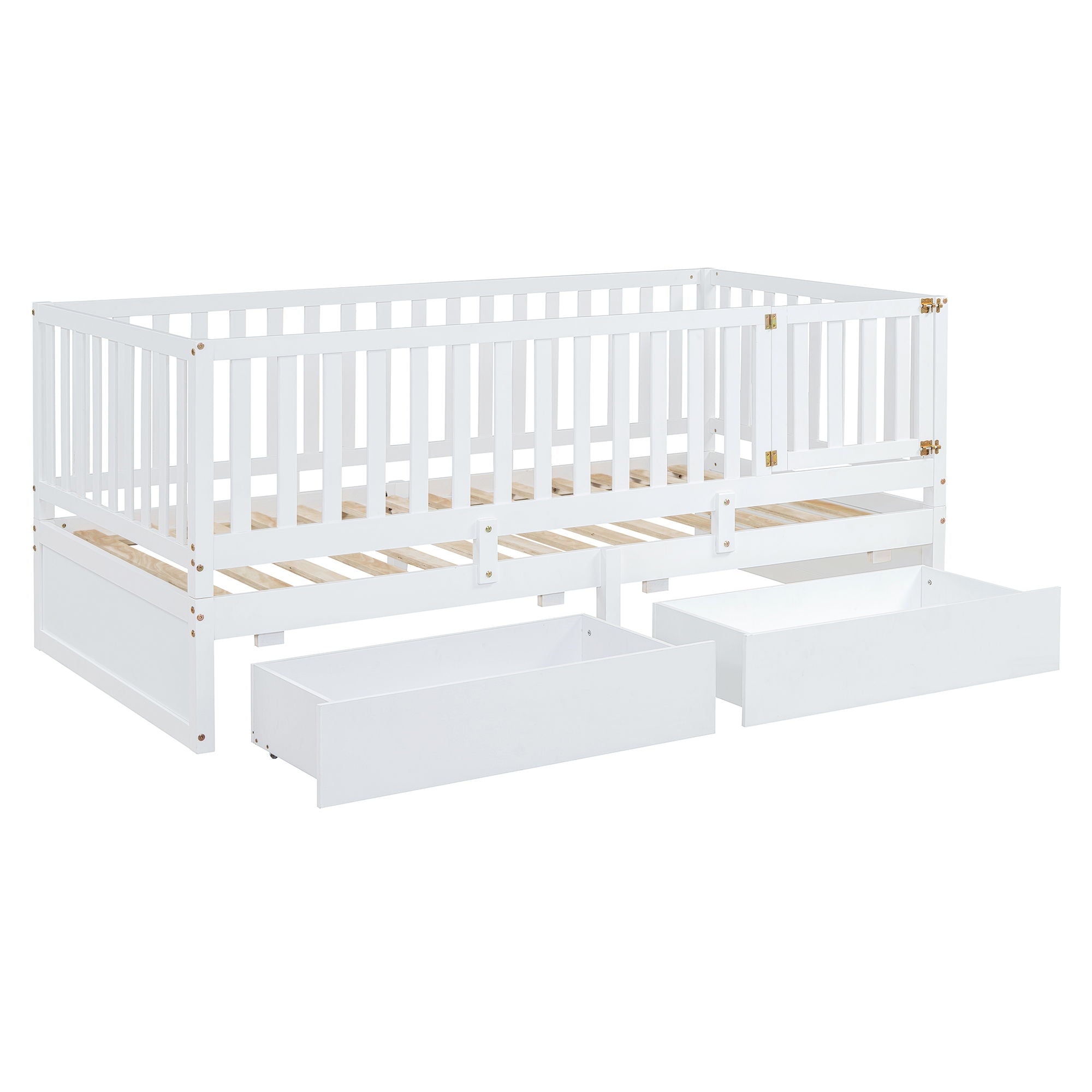 Daybed With Fence Guardrails And 2 Drawers, Split Into Independent Floor Bed & Daybed
