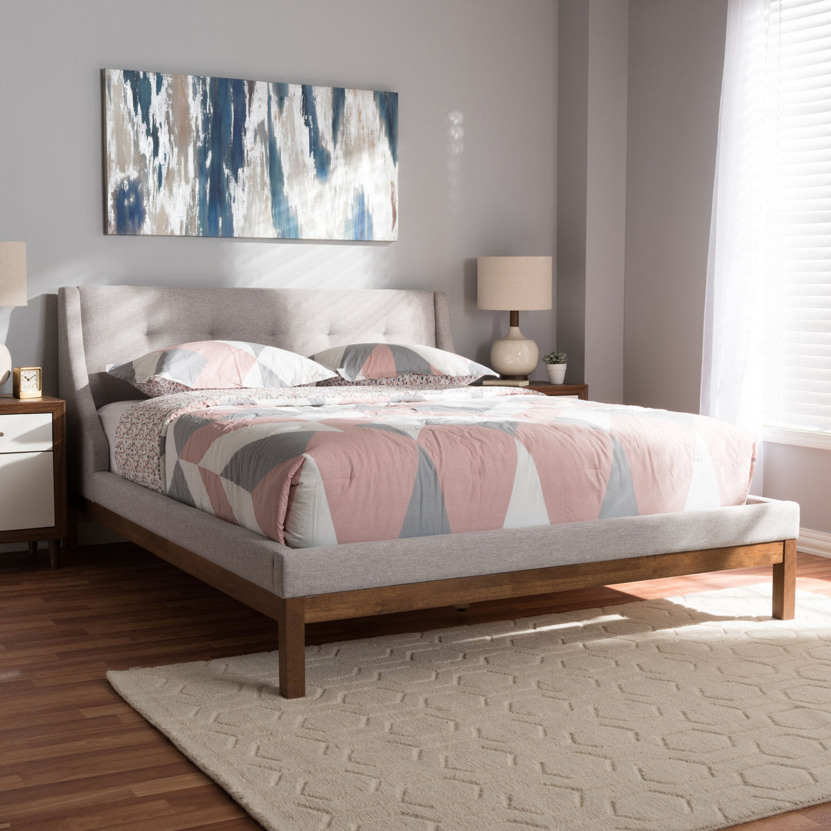 Louvain Modern and Contemporary Greyish Beige Fabric Upholstered Walnut-Finished Full Sized Platform Bed