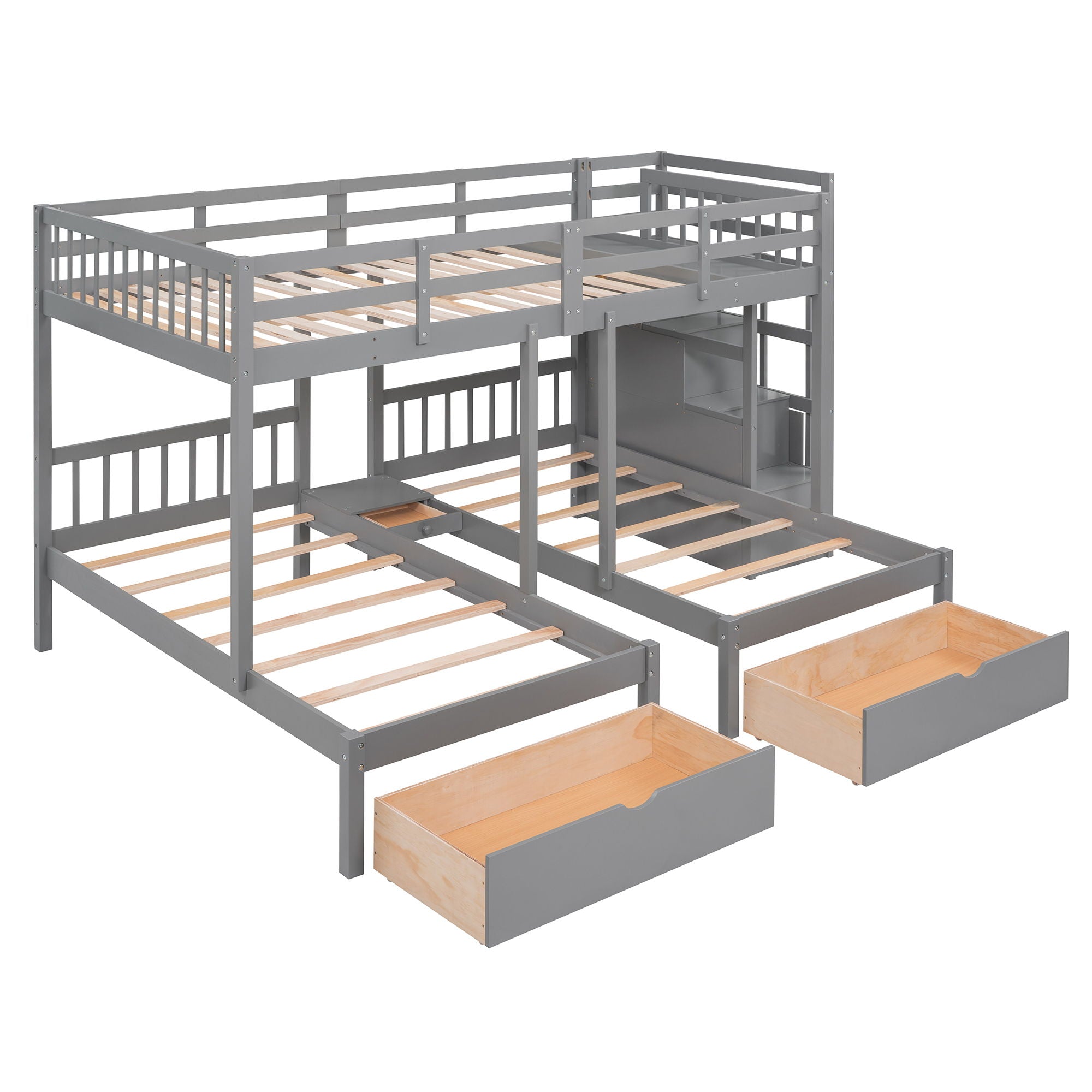 Multifunctional Triple Bunk Bed With Drawers And Guardrails