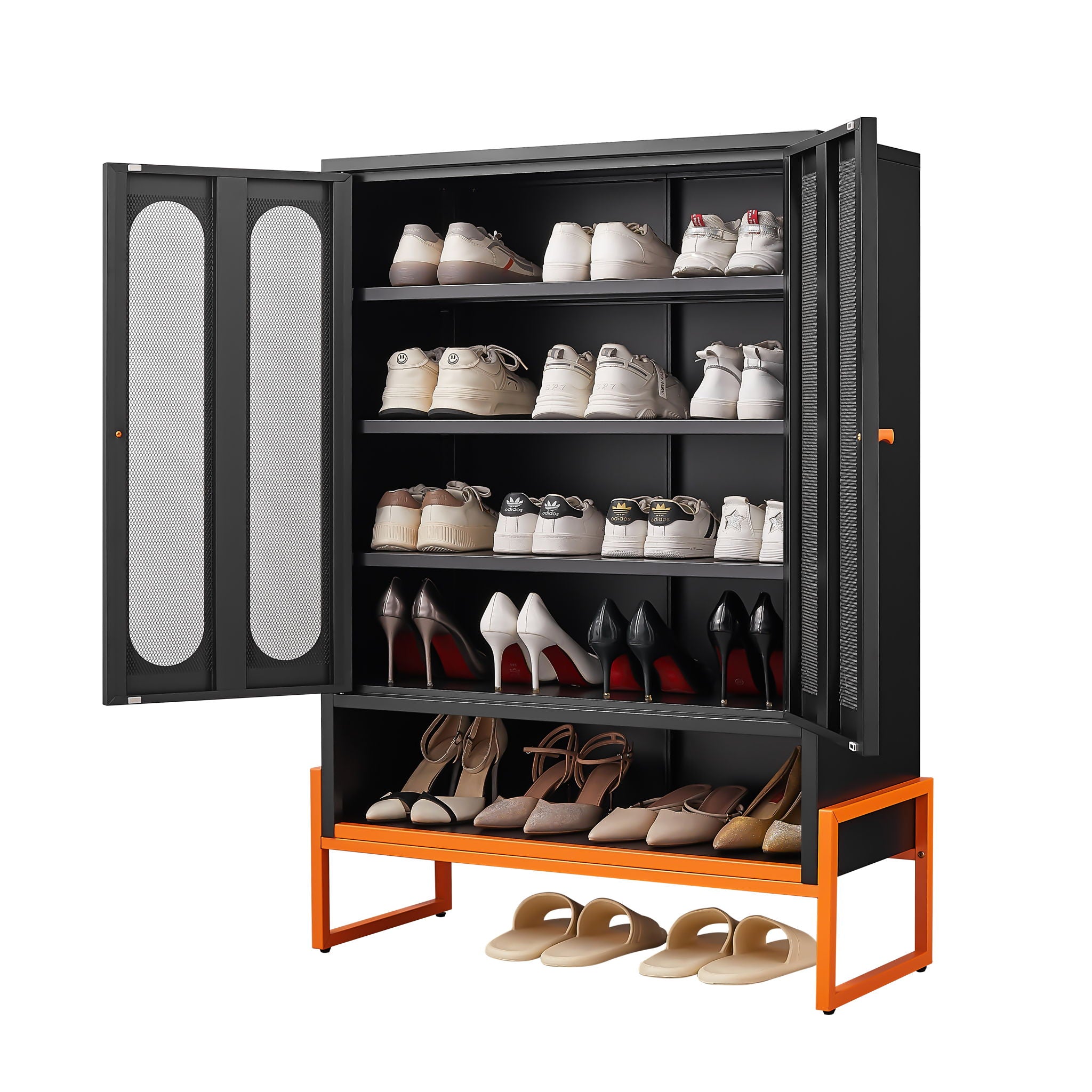 Modern Metal Shoe Cabinet With DoublebSided Mesh Doors And Adjustable Partitions