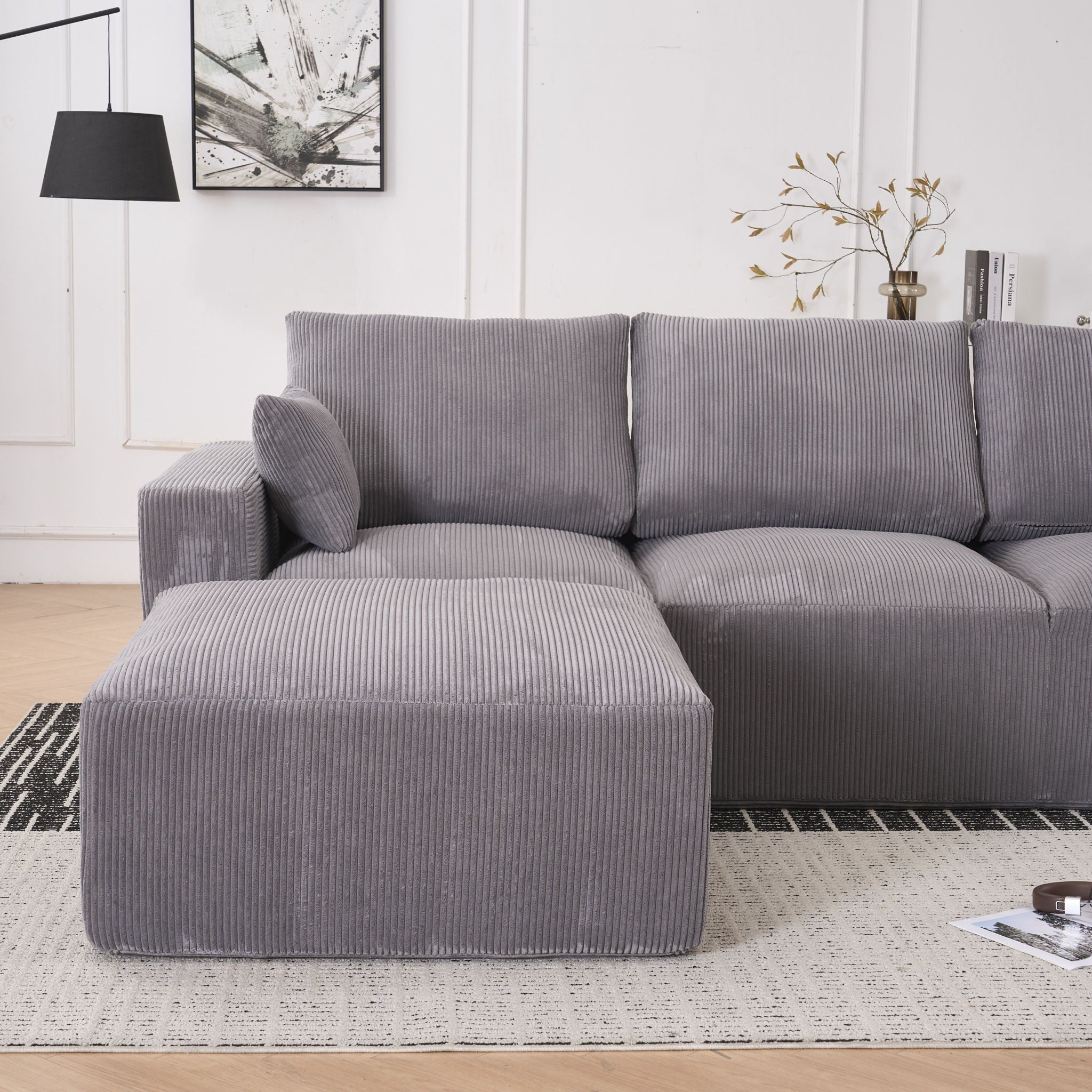 Modular Sectional Sofa With Ottoman, USB And Type C Charger, Petal Armrest Design