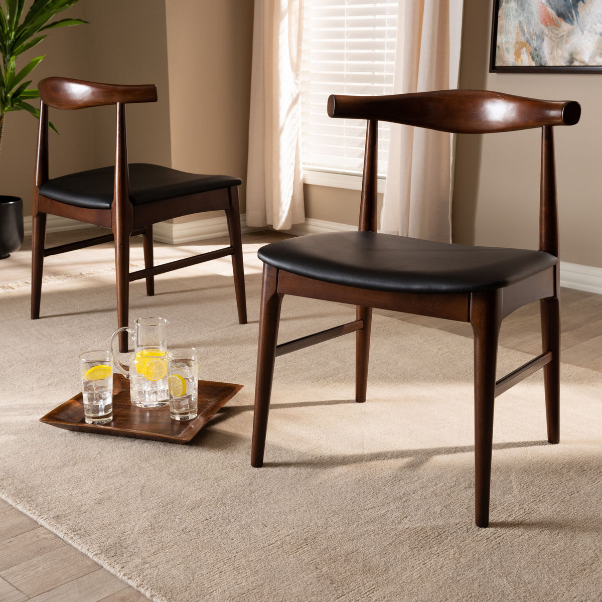 Eira Mid-Century Modern Black Faux Leather Upholstered Walnut Finished Wood Dining Chair Set of 2